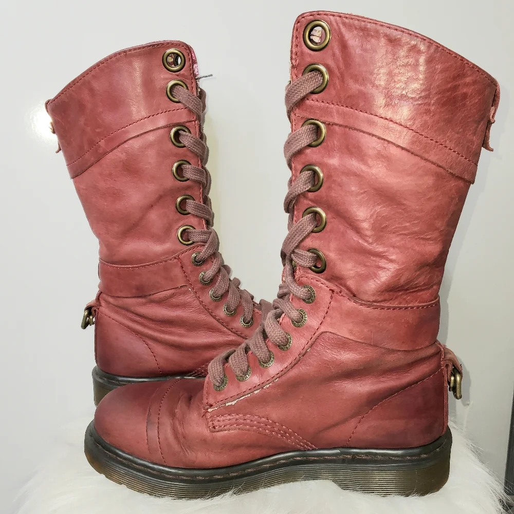 DR MARTENS Red Triumph Leather Floral Lace Up Foldable Boots 1914 W Size 6 - Picture 8 of 13